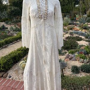 Double D Ranch Vintage-Inspired White Lace Beaded Maxi Dress with Tassel Lace-Up